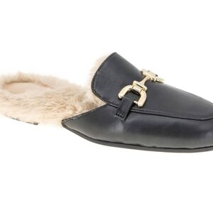 BCBGeneration Black Faux Leather Fur-Lined Mule with Gold Hardware